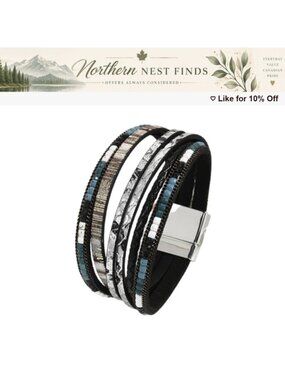 Sparkly Leather Wrap Bracelet Braided Boho Magnetic Buckle Cuff